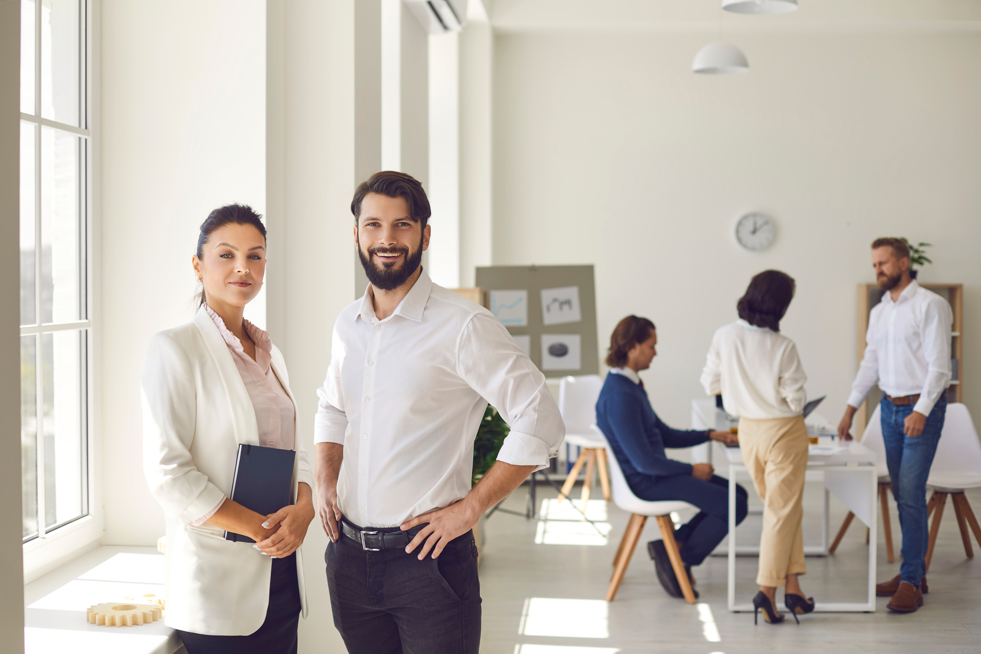 Confident Company Co-Founders and Business Partners Standing in Office after Corporate Meeting
